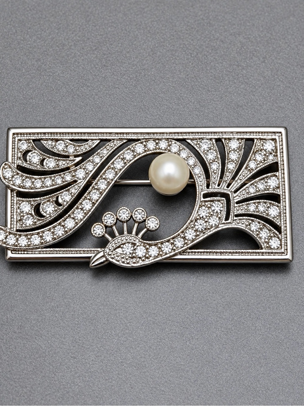 Vintage Classic Silver Pearl and Crystal Rectangular Brooch #cz372